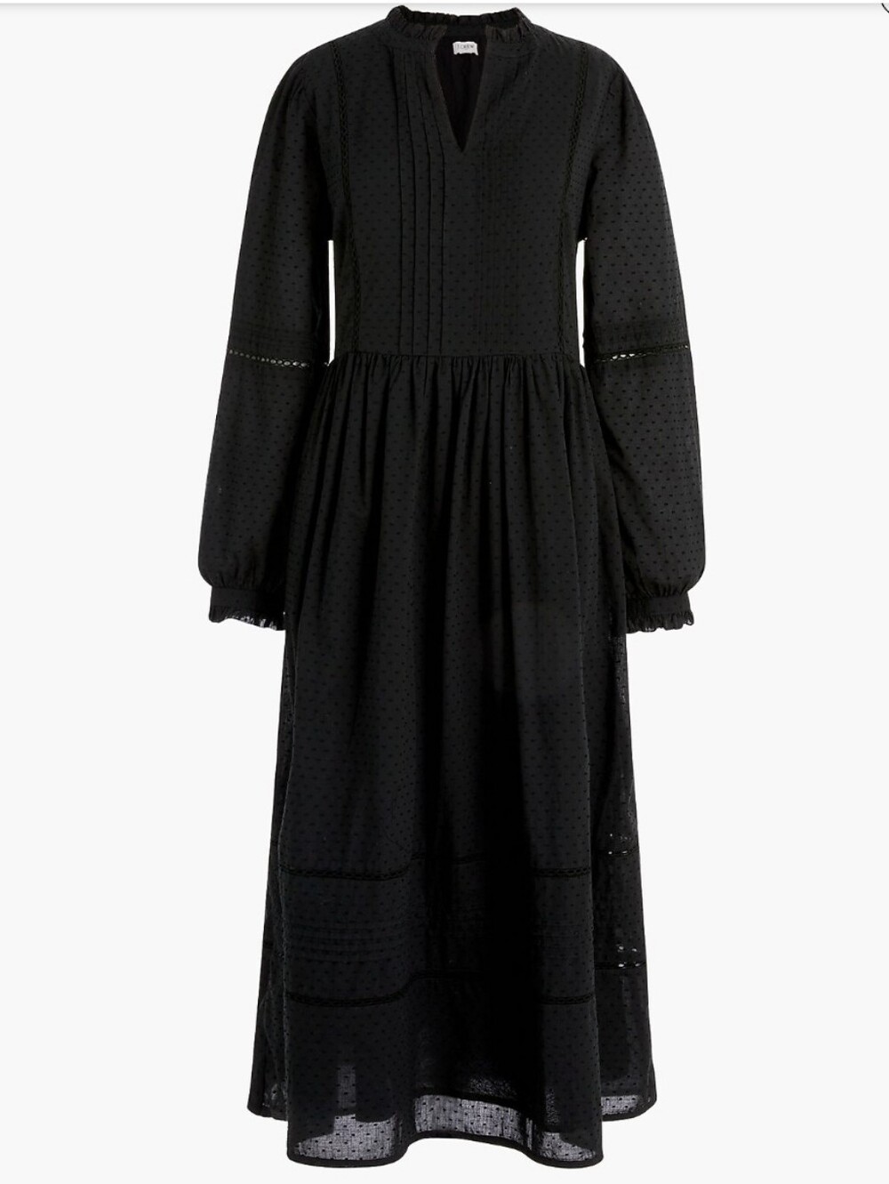 J. Crew Black Pintuck Clip Dot Long Sleeve Midi Dress Prairie Cotton Victorian S